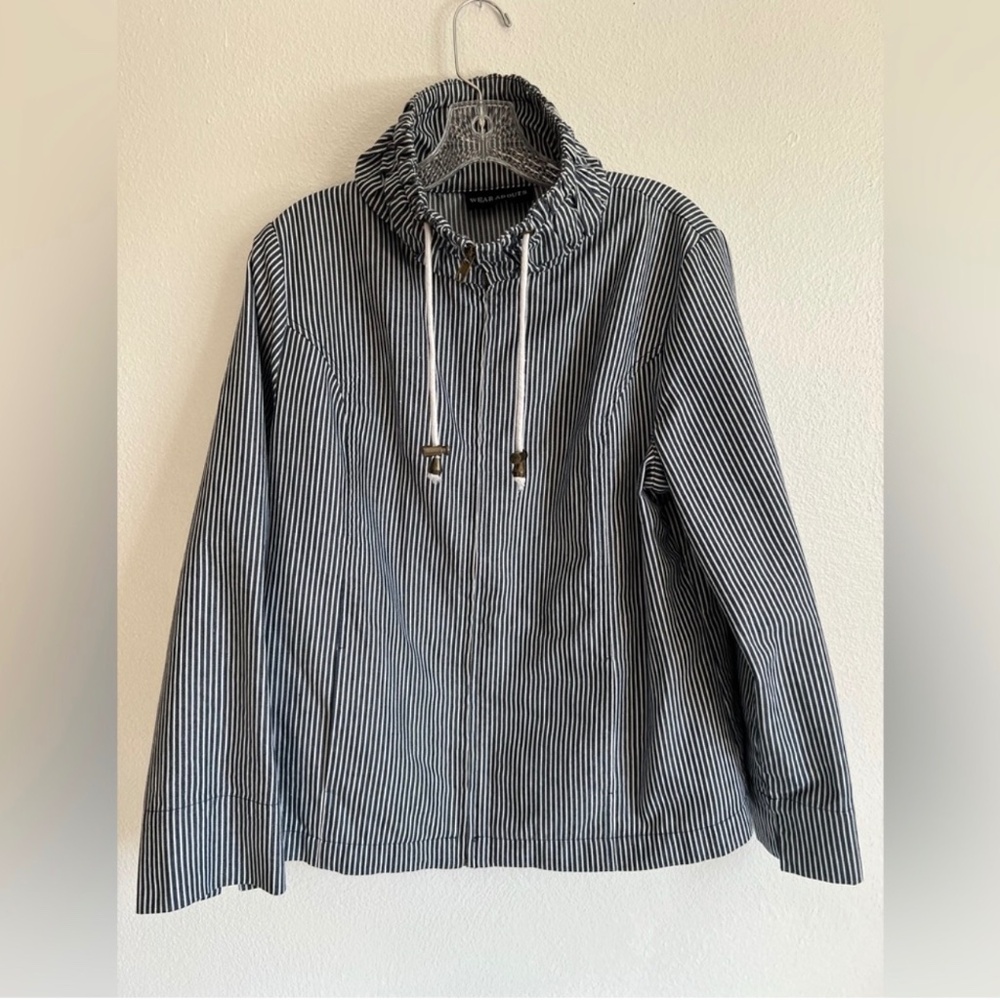 Wear Abouts Coastal Nautical Striped Cowl Zip Front Striped Blue White Jacket L